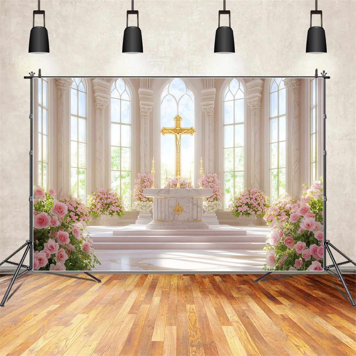 Church Easter Backdrop Golden Cross Floral Cathedral Religious Easter Backdrops UK LXX512-128