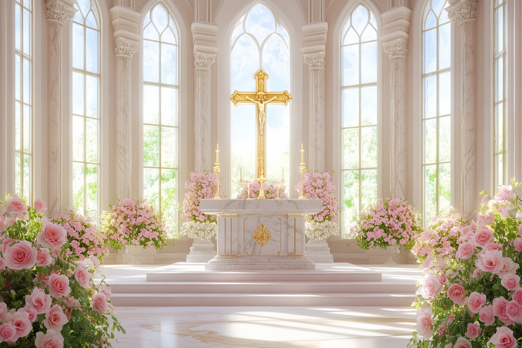 Church Easter Backdrop Golden Cross Floral Cathedral Religious Easter Backdrops UK LXX512-128