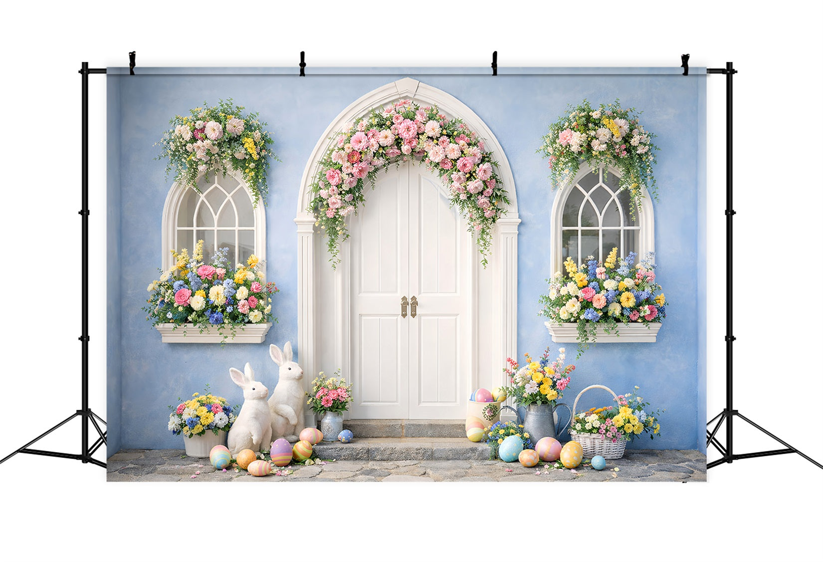 Easter Photo Backdrop Blue Arch Floral Bunny Doorway Easter Egg Backdrop UK LXX512-129