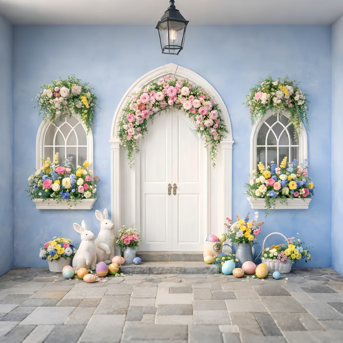 Easter Photo Backdrop Blue Arch Floral Bunny Doorway Easter Egg Backdrop UK LXX512-129