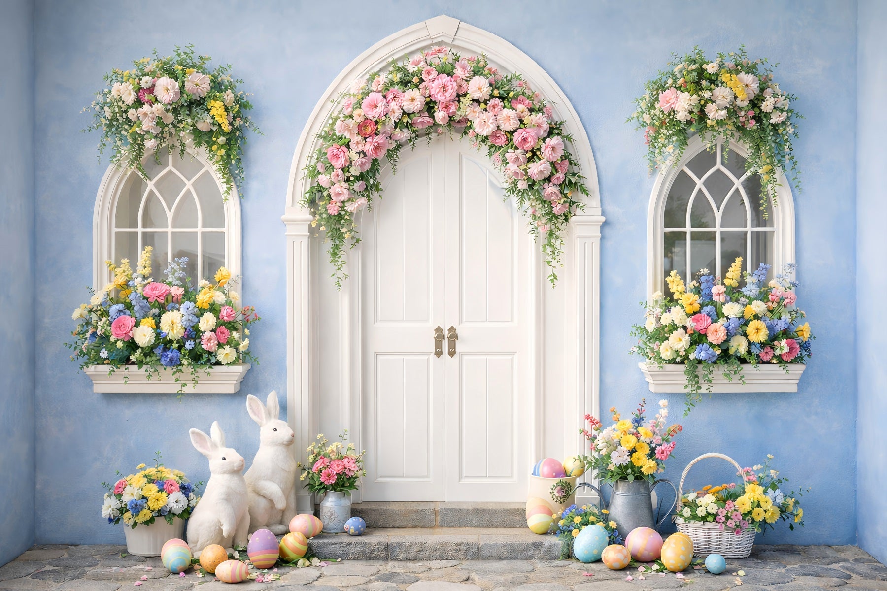 Easter Photo Backdrop Blue Arch Floral Bunny Doorway Easter Egg Backdrop UK LXX512-129