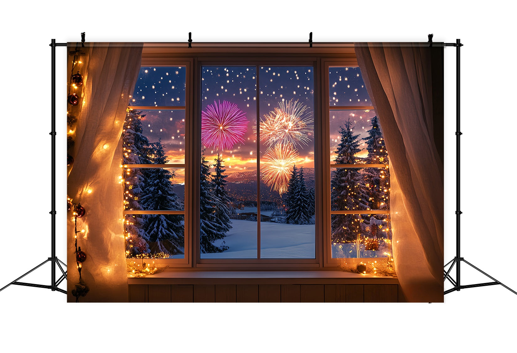 New Years Photo Backdrop Winter Snowy Window Forest Firework Backdrop UK LXX512-13