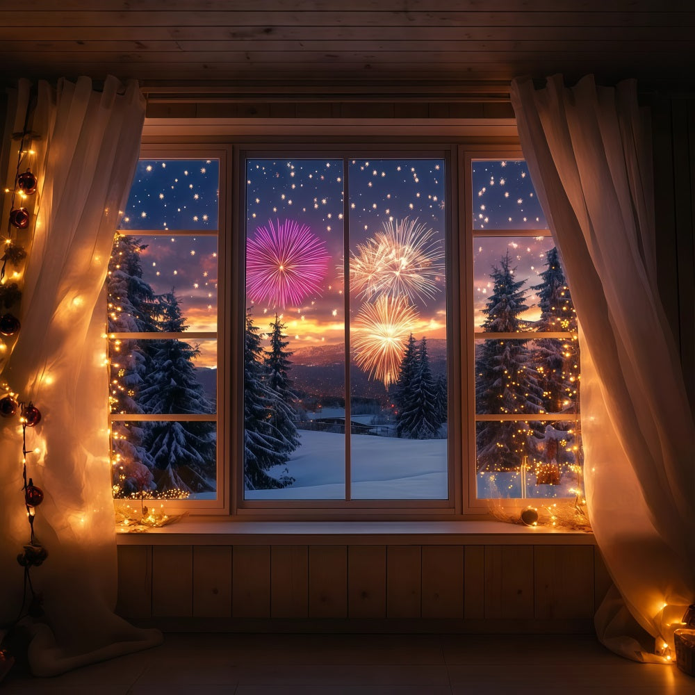 New Years Photo Backdrop Winter Snowy Window Forest Firework Backdrop UK LXX512-13