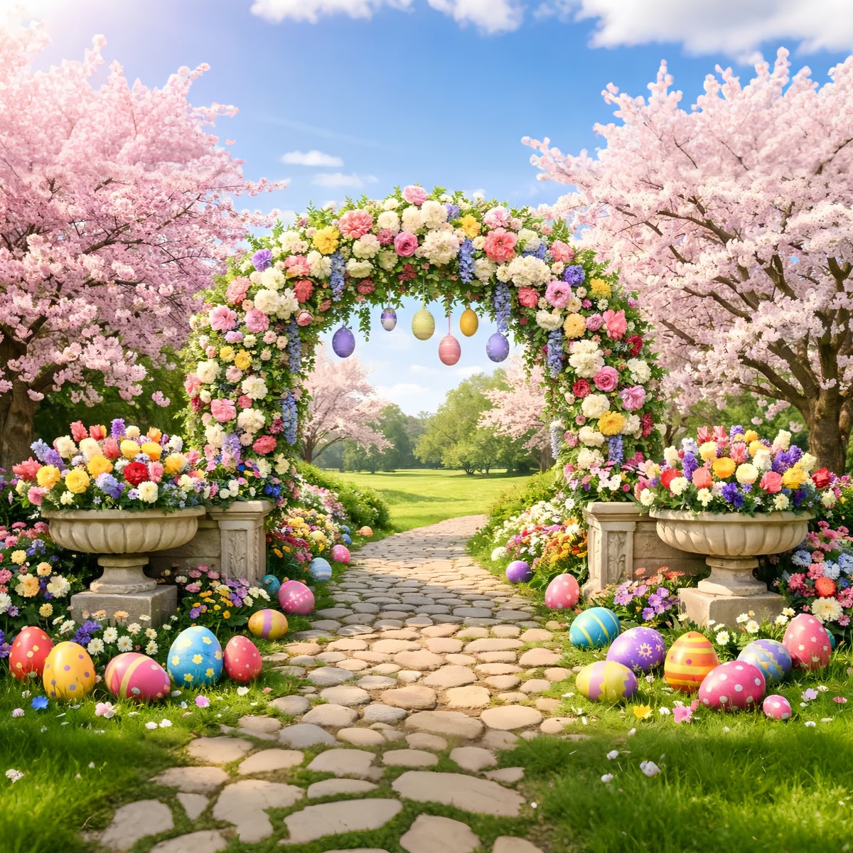 Egg Hunt Backdrop Blossom Arch Garden Path Easter Flower Backdrop UK LXX512-131