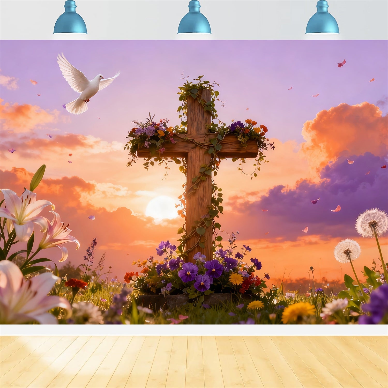 Cross Backdrop Resurrection Songbirds Sunrise Meadow Easter Church Photo Backdrop UK LXX512-132