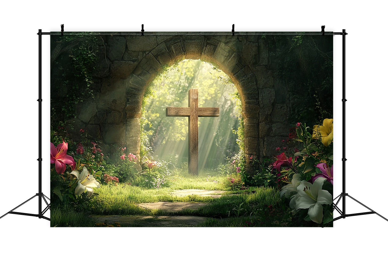 Cross Backdrop Forest Sacred Stone Arch Easter Photo Backdrop UK LXX512-134
