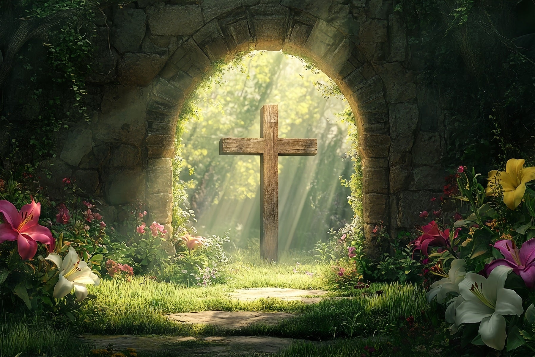 Cross Backdrop Forest Sacred Stone Arch Easter Photo Backdrop UK LXX512-134