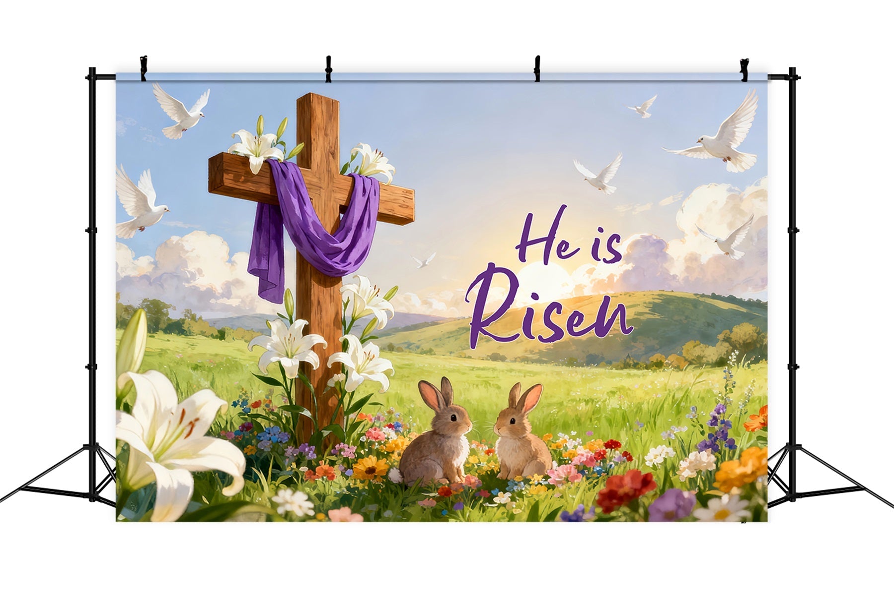 He is Risen Backdrop Resurrection Cross Meadow Bunnies Religious Easter Backdrops UK LXX512-136