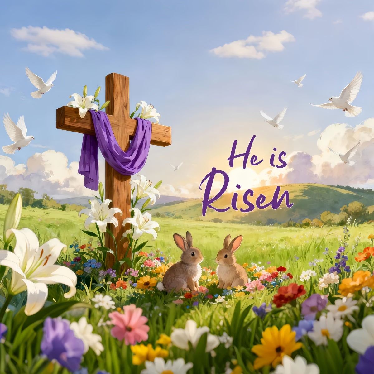 He is Risen Backdrop Resurrection Cross Meadow Bunnies Religious Easter Backdrops UK LXX512-136