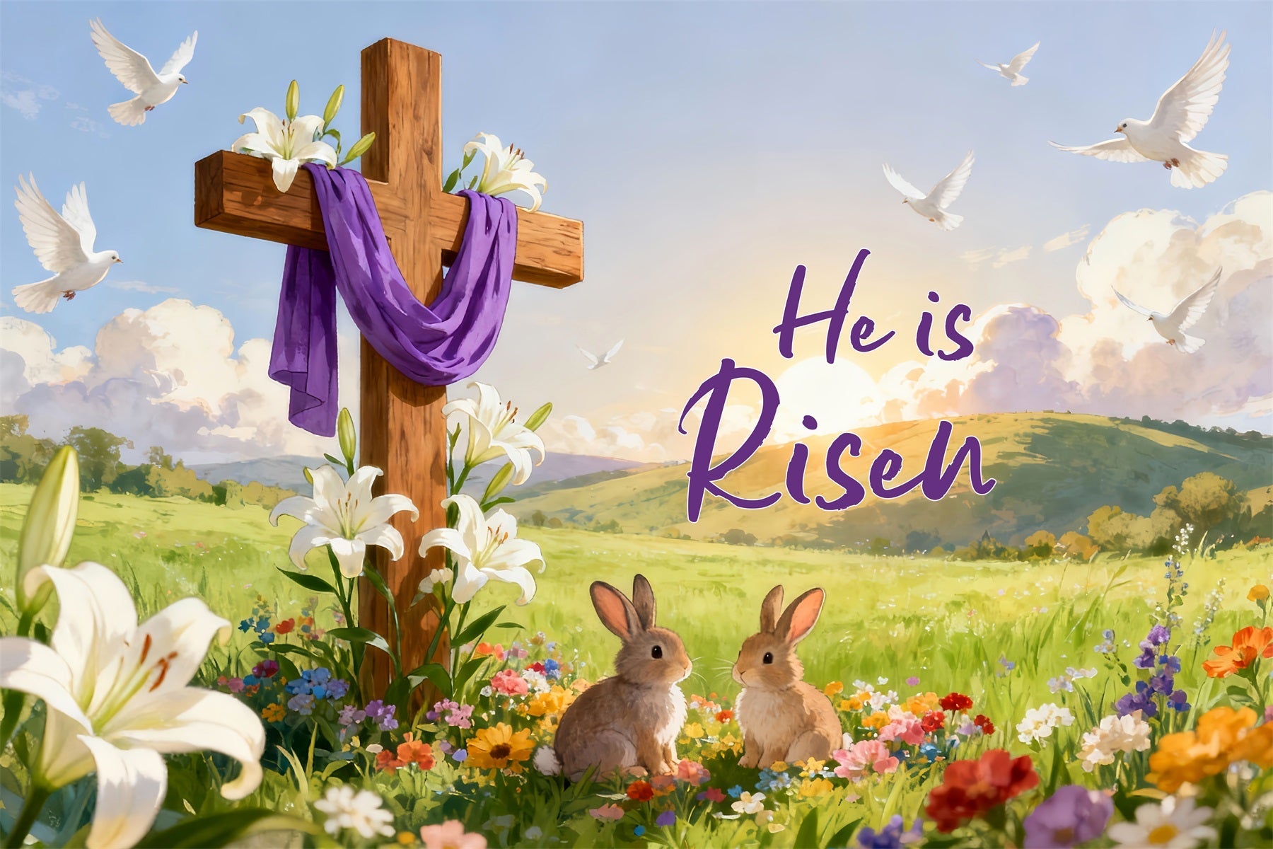 He is Risen Backdrop Resurrection Cross Meadow Bunnies Religious Easter Backdrops UK LXX512-136
