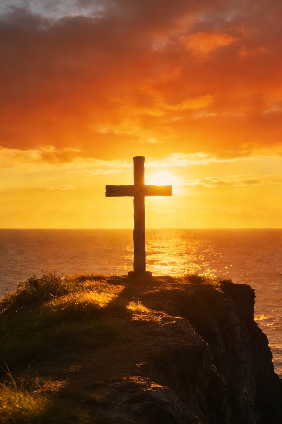 Cross Backdrop Ocean Horizon Sunset Glow Easter Backdrops For Church UK LXX512-139