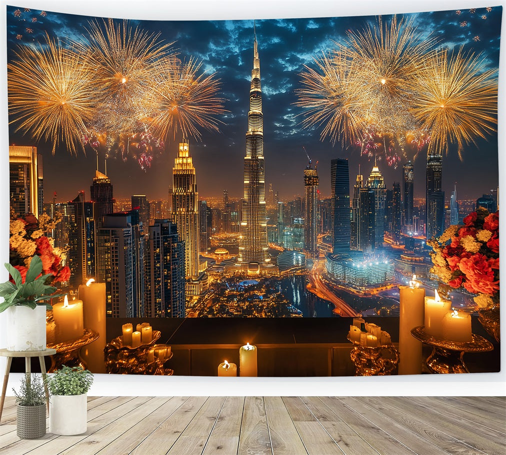 Happy New Year Backdrop Luxury City Skyline Fireworks City Night Backdrop UK LXX512-14