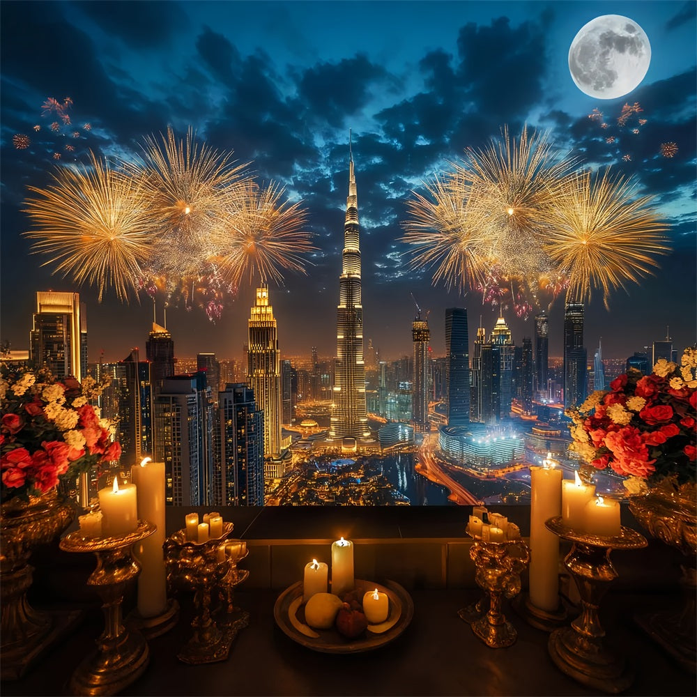 Happy New Year Backdrop Luxury City Skyline Fireworks City Night Backdrop UK LXX512-14