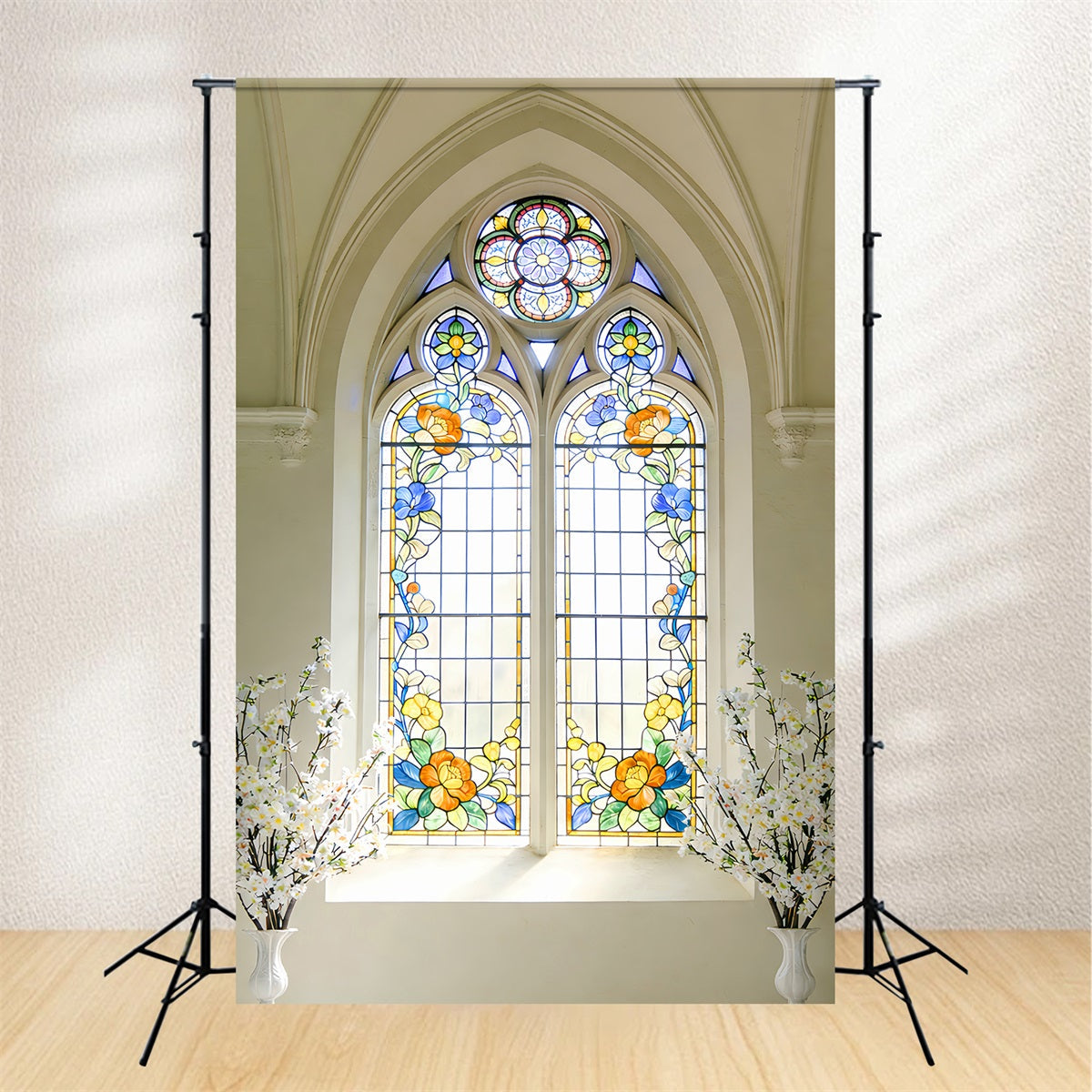 Stained Glass Backdrop Cathedral Daisies Arch Window Church Easter Backdrop UK LXX512-141