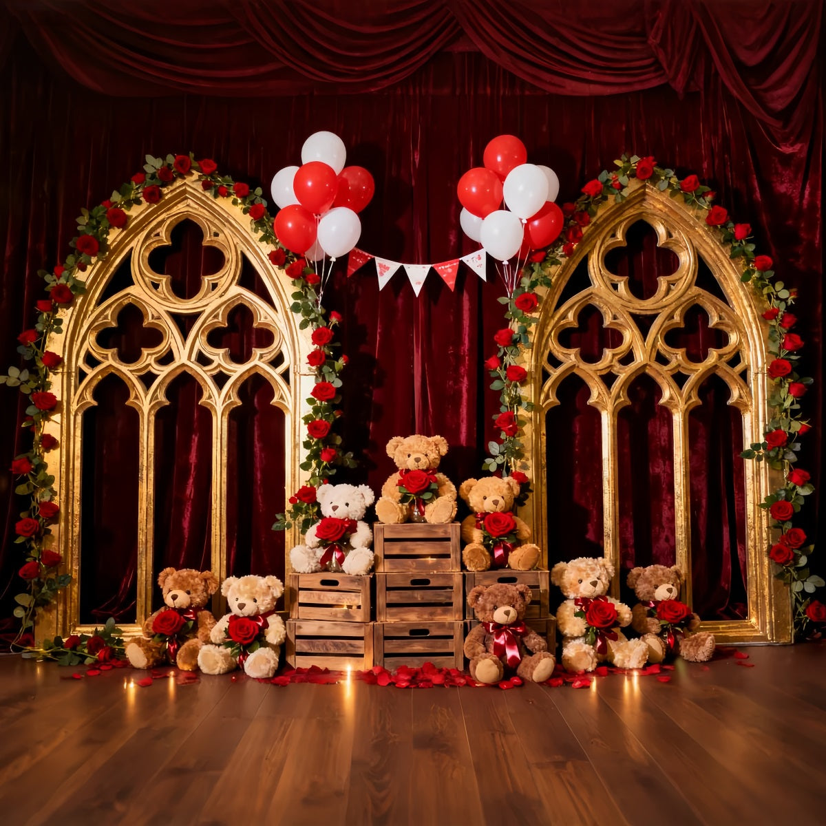 Romantic Backdrop Crimson Rose Balloon Teddy Floral Arch Valentine Backdrop UK LXX512-142