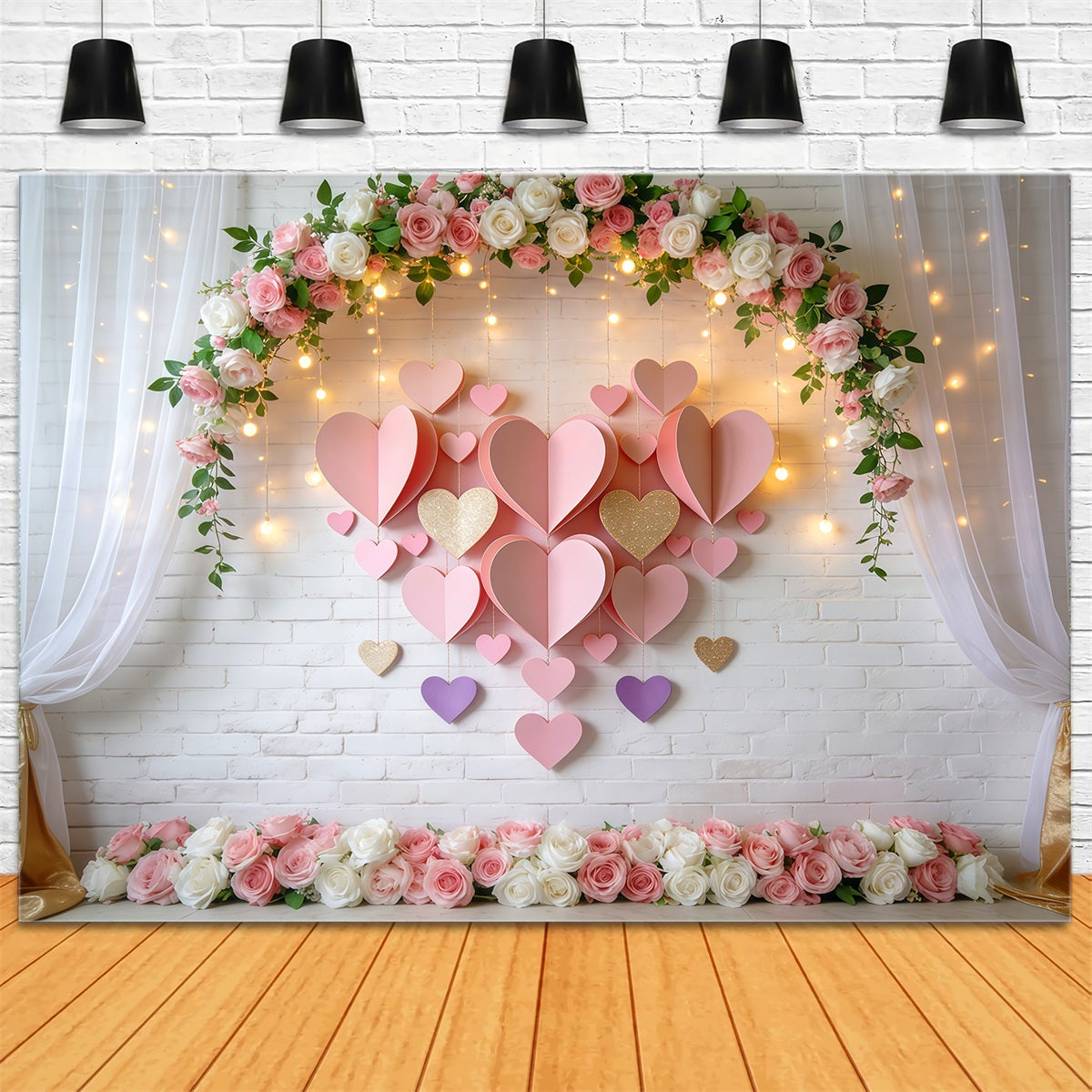 Valentine's Day Backdrop Blush Floral Arch Lights Love Backdrops UK LXX512-144