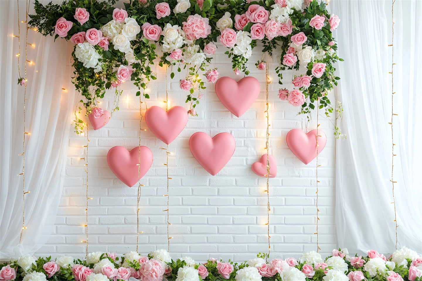 Romantic Backdrop Flower Heart Hanging Lights Wreath Valentine Backdrop UK LXX512-150