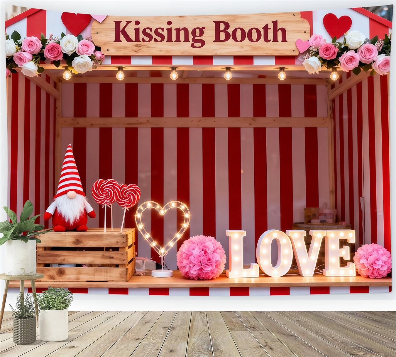 Valentine's Day Backdrop Candy Stripe Kissing Booth Love Love Backdrop UK LXX512-157
