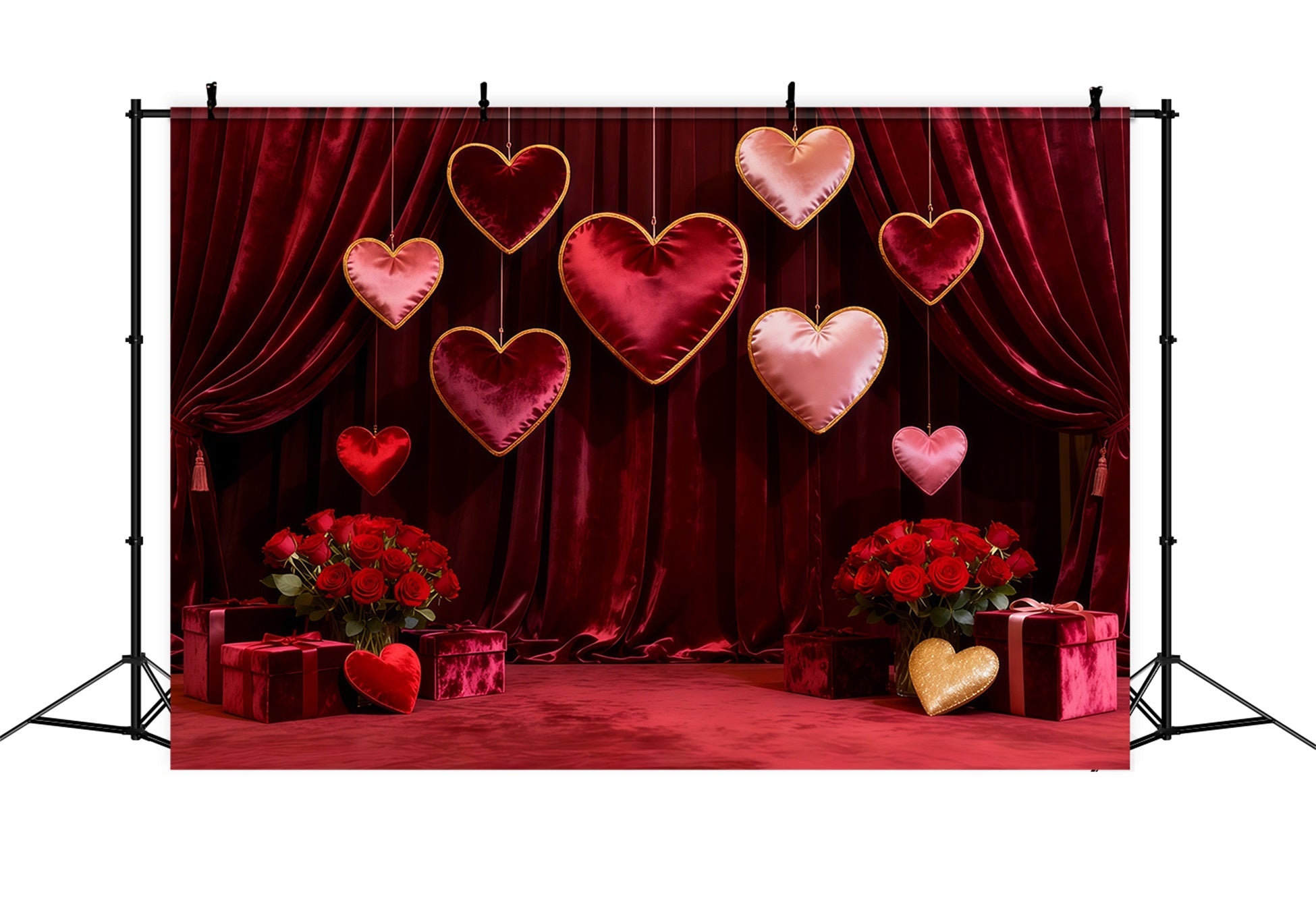 Valentine Photo Backdrop Velvet Draped Hanging Hearts Red Rose Backdrop UK LXX512-161
