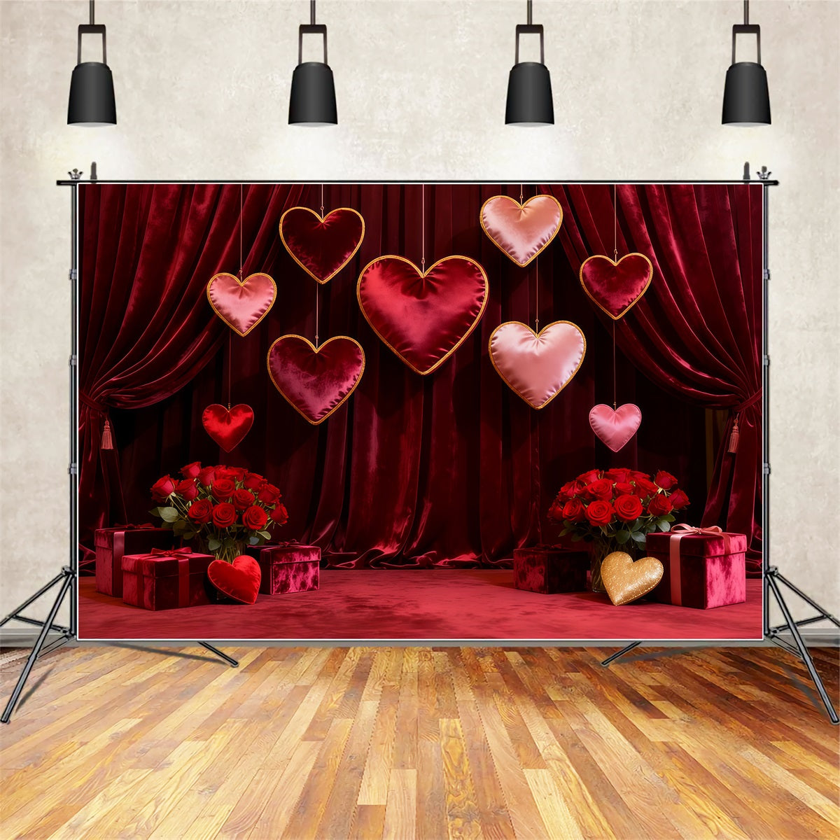 Valentine Photo Backdrop Velvet Draped Hanging Hearts Red Rose Backdrop UK LXX512-161