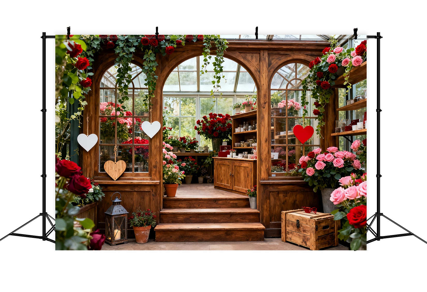 Rustic Farmhouse Valentine Backdrop Garden Glasshouse Romance Red Rose Backdrop UK LXX512-163