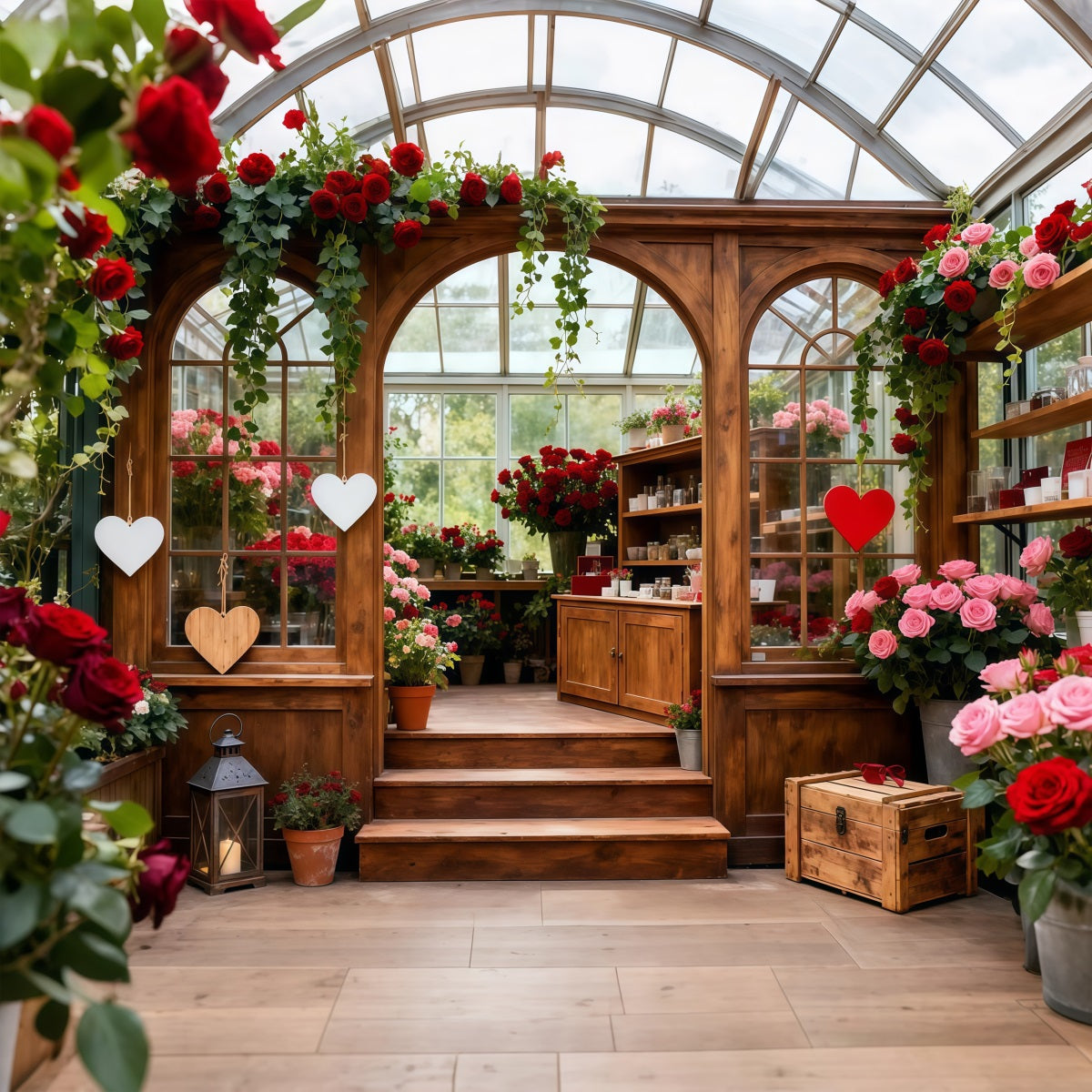 Rustic Farmhouse Valentine Backdrop Garden Glasshouse Romance Red Rose Backdrop UK LXX512-163