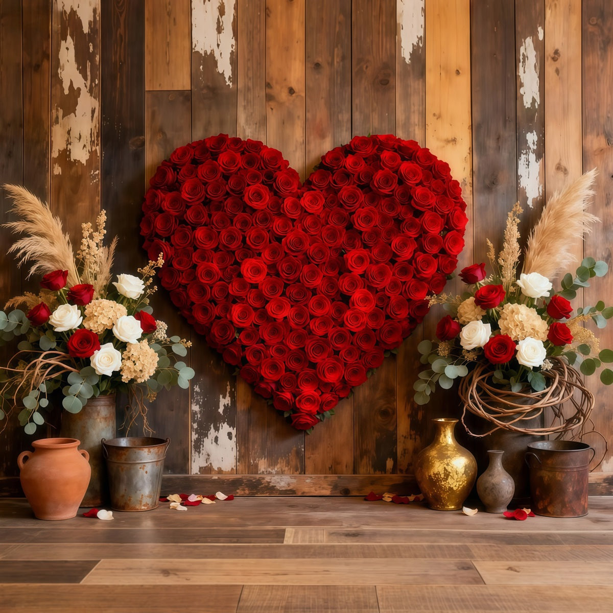 Heart Flower Backdrop Wood Doorway Red Rose Valentine's Day Backdrop UK LXX512-165
