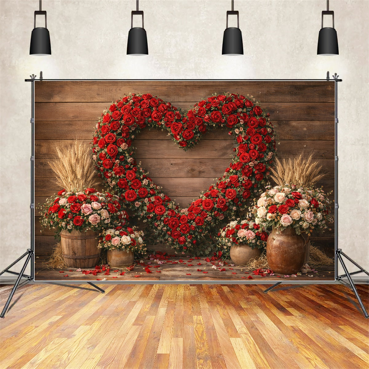 Valentine's Day Backdrop Rustic Rose Heart Barn Wall Heart Flower Backdrop UK LXX512-166