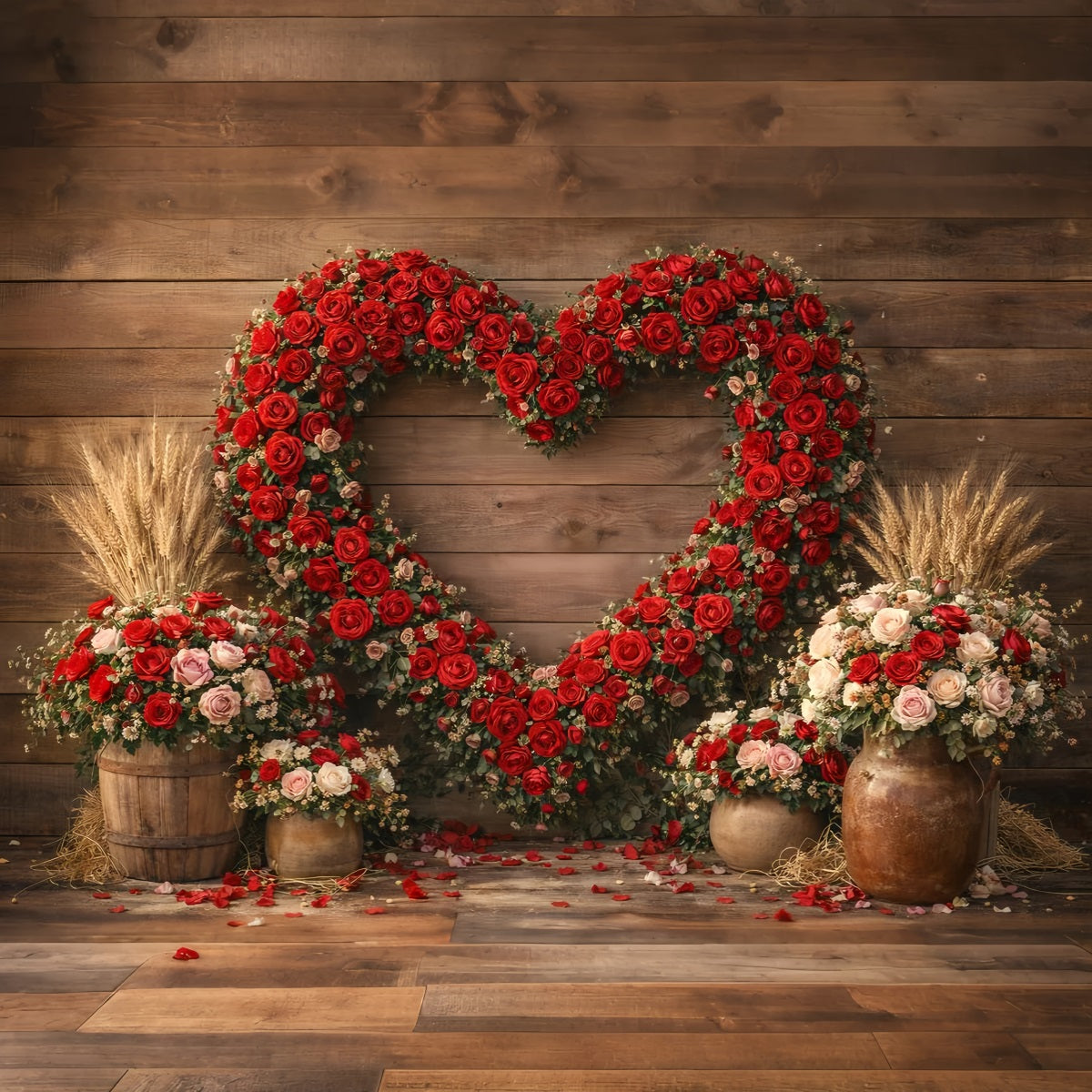 Valentine's Day Backdrop Rustic Rose Heart Barn Wall Heart Flower Backdrop UK LXX512-166