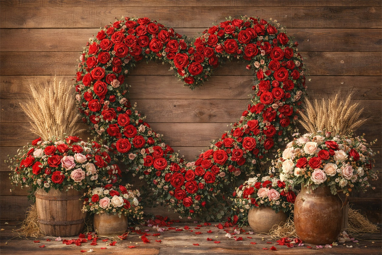 Valentine's Day Backdrop Rustic Rose Heart Barn Wall Heart Flower Backdrop UK LXX512-166