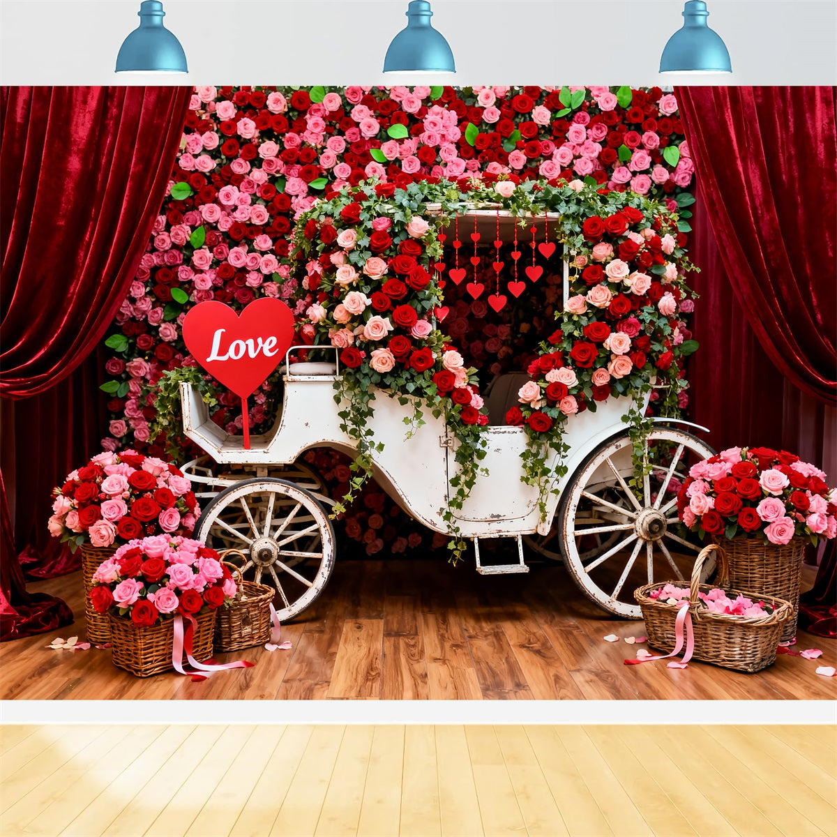 Red Roses Backdrop Romantic Floral Carriage Valentine's Day Backdrops UK LXX512-173