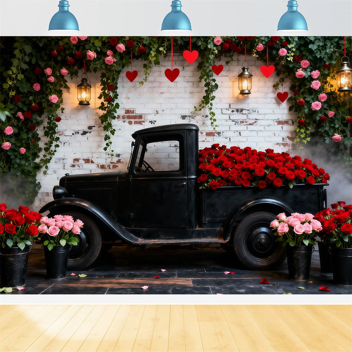 Valentine's Day Backdrops Vintage Red Rose Truck Romantic Backdrop UK LXX512-178