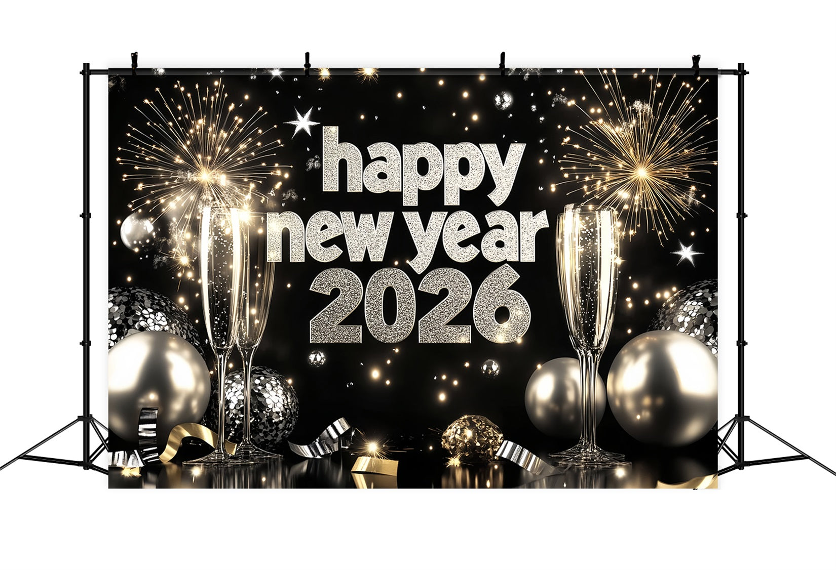 2026 New Year Backdrop Silver Champagne Firework Happy New Year Backdrop UK LXX512-19