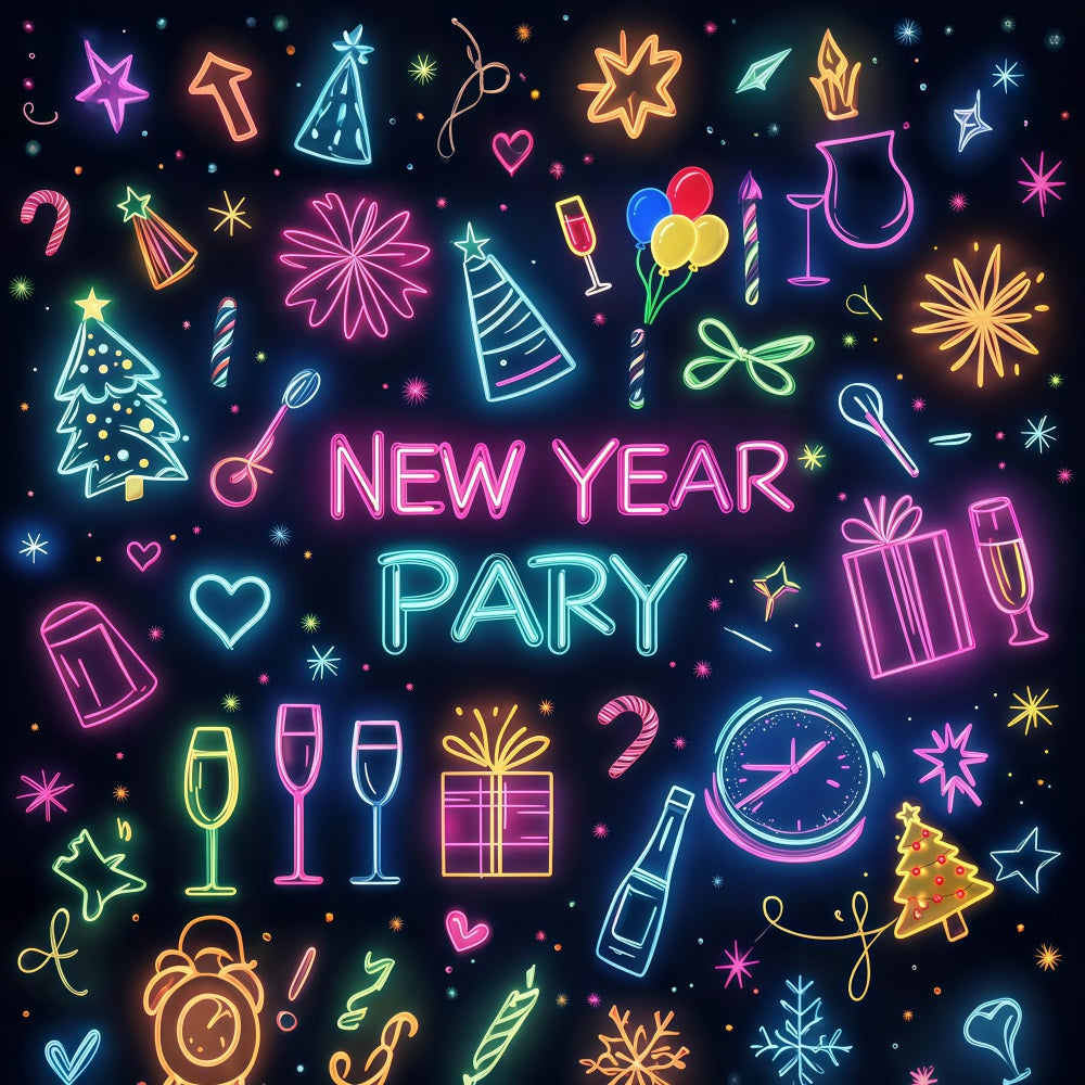 New Year Backdrop Colorful Party Icons Celebration Neon Light Backdrop UK LXX512-2