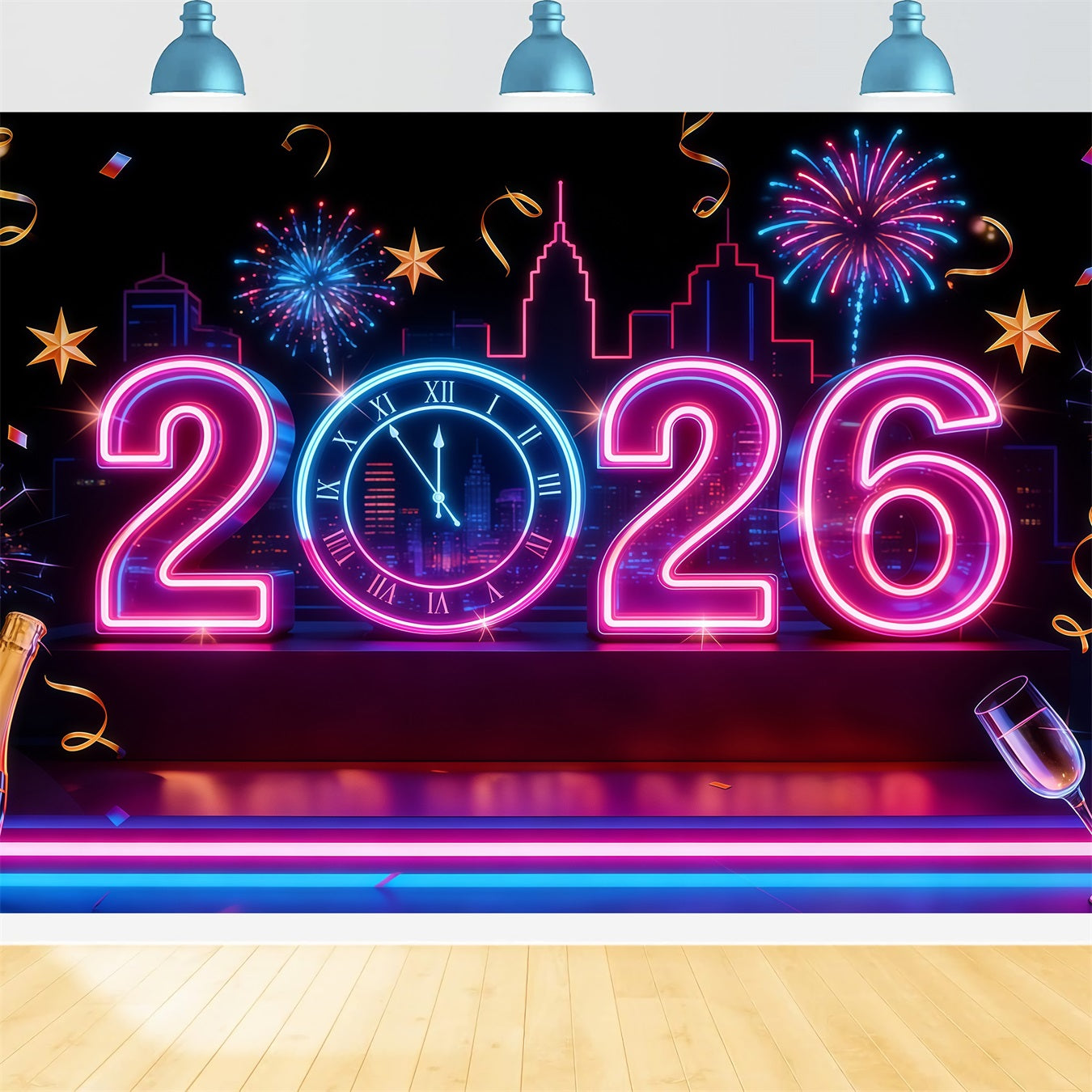 2026 New Year Backdrop Neon Lights Countdown City New Years Eve Backdrop UK LXX512-21