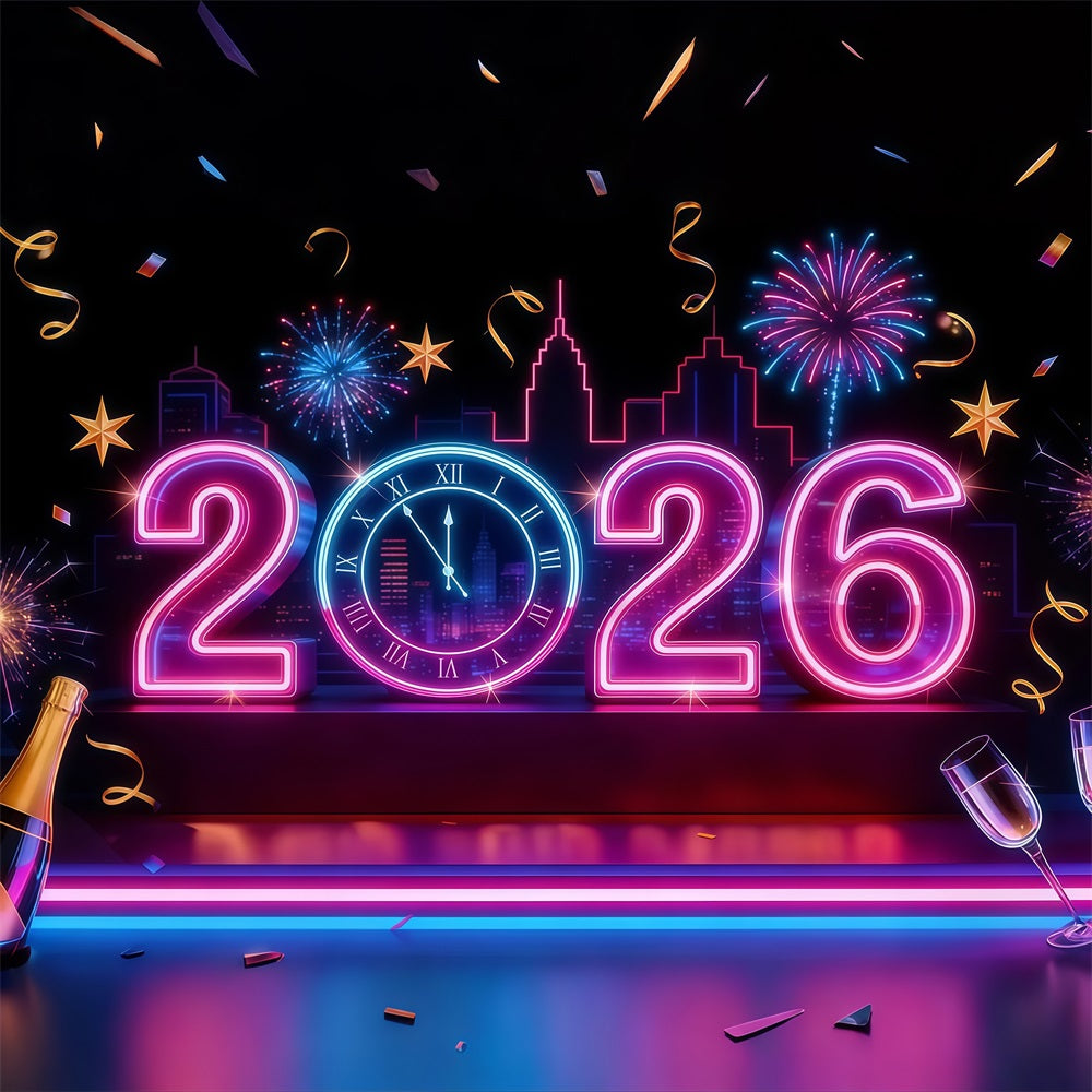 2026 New Year Backdrop Neon Lights Countdown City New Years Eve Backdrop UK LXX512-21