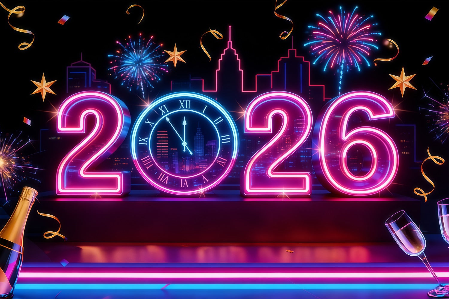 2026 New Year Backdrop Neon Lights Countdown City New Years Eve Backdrop UK LXX512-21