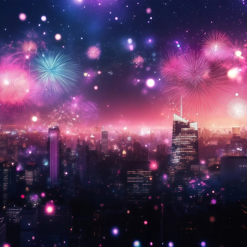 New Years Backdrops Pink Fireworks City Glow Cityscape Photo Backdrop UK LXX512-25