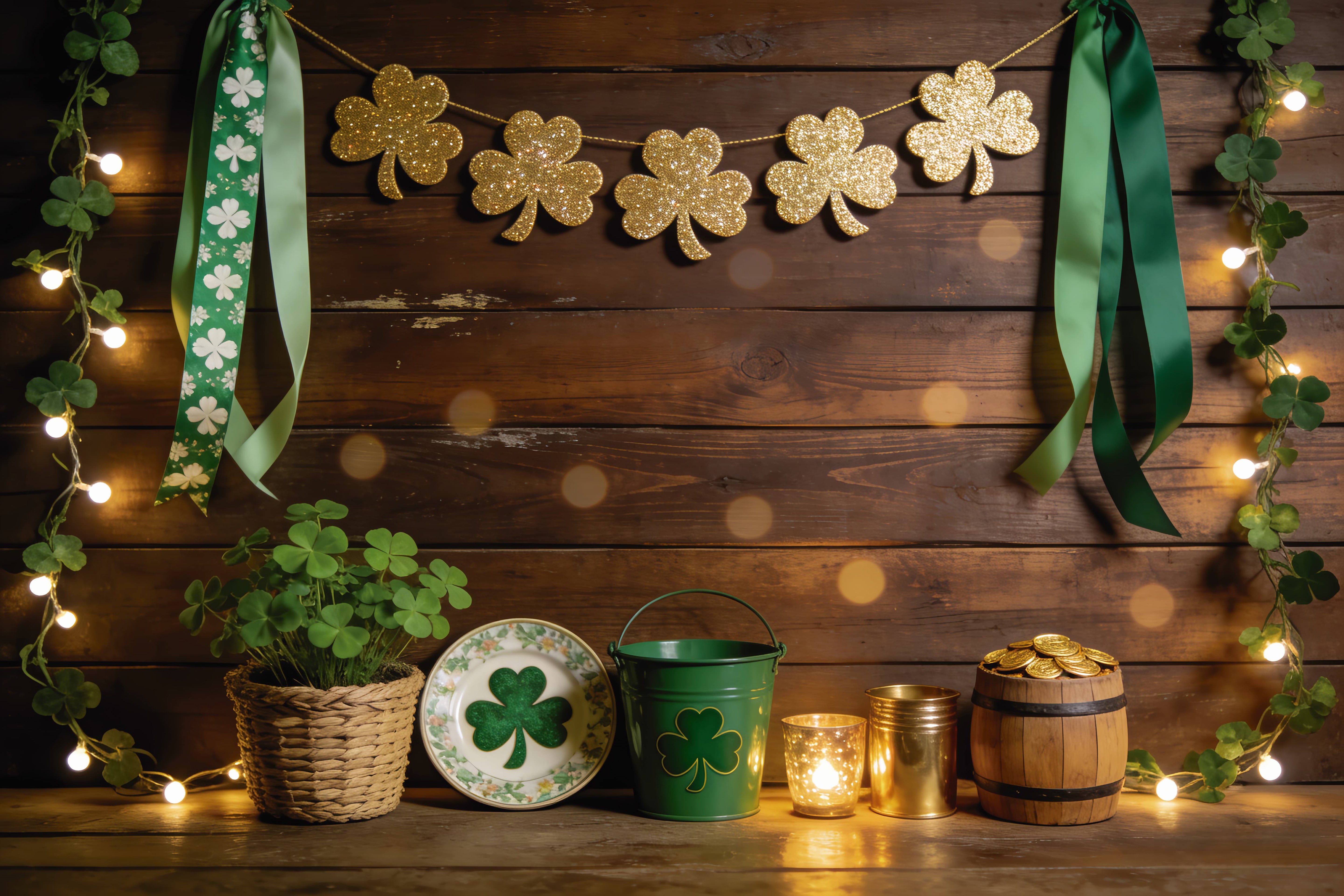 St Patricks Day Photo Backdrop Golden Clover Wood Barrel St Patrick Backdrop UK LXX512-32