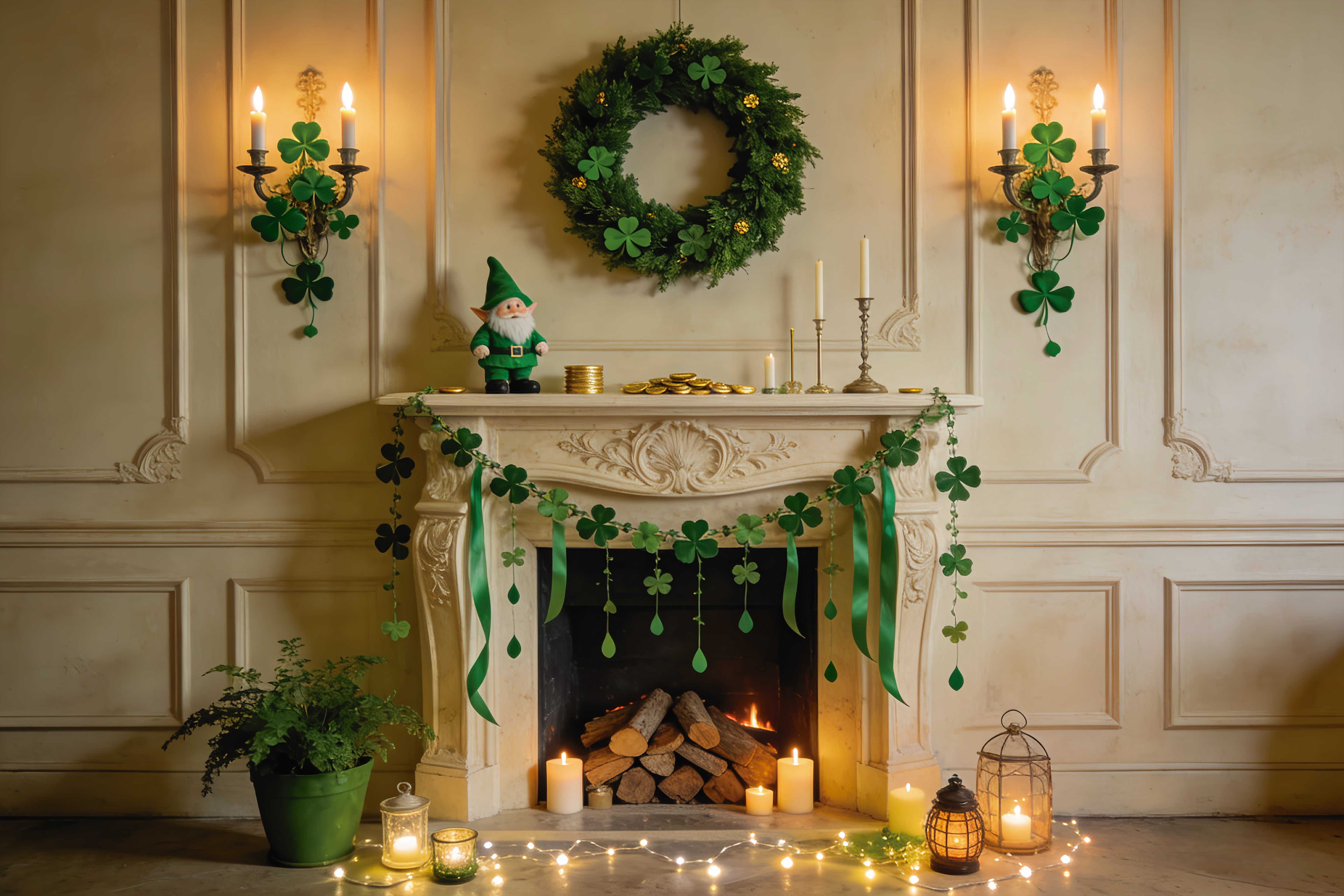 St Patrick Backdrop Emerald Fireplace Shamrock Garland St Patricks Day Backdrop UK LXX512-38