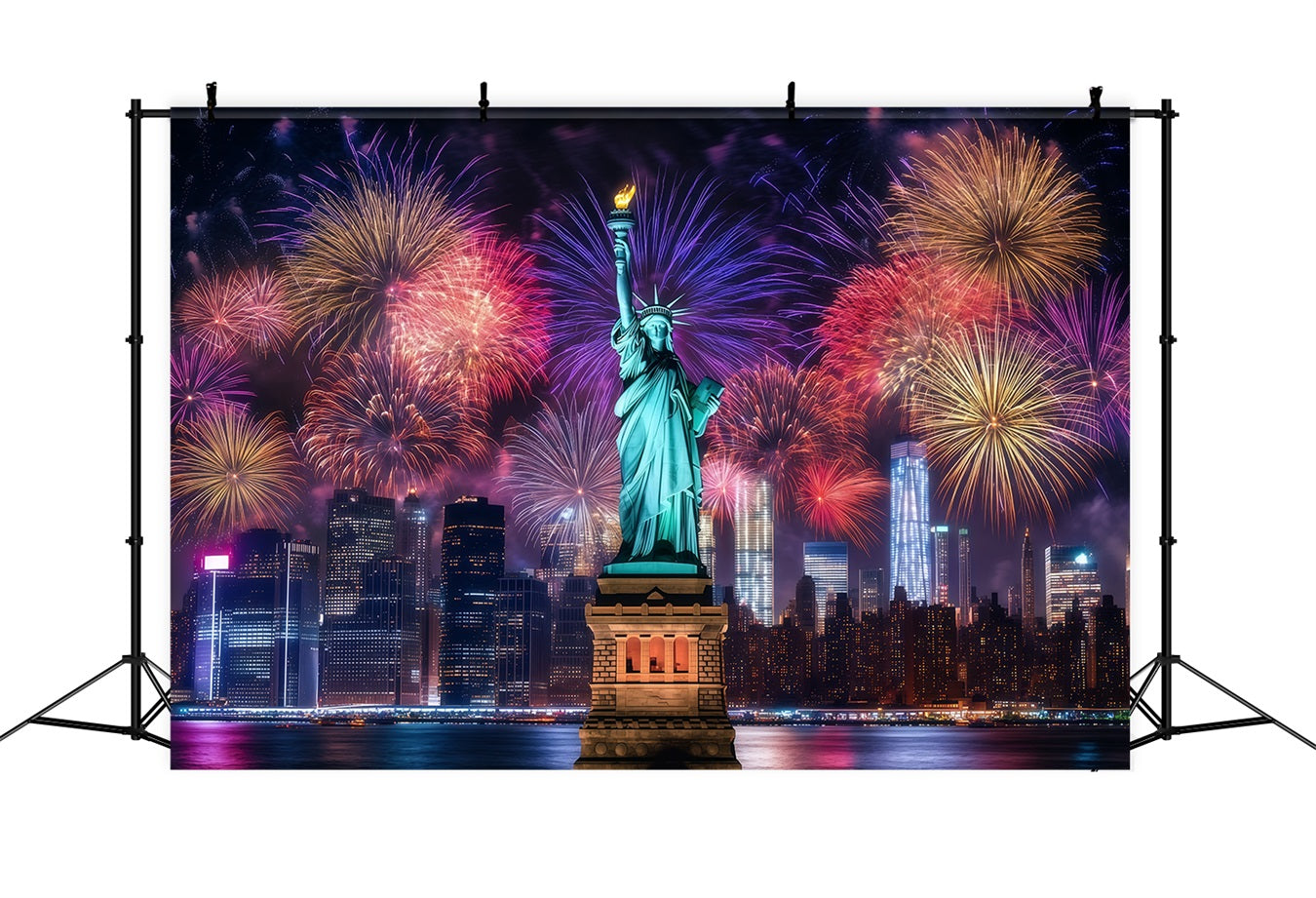 Happy New Year Backdrop Statue Liberty Night Cityscape Fireworks Backdrop UK LXX512-4