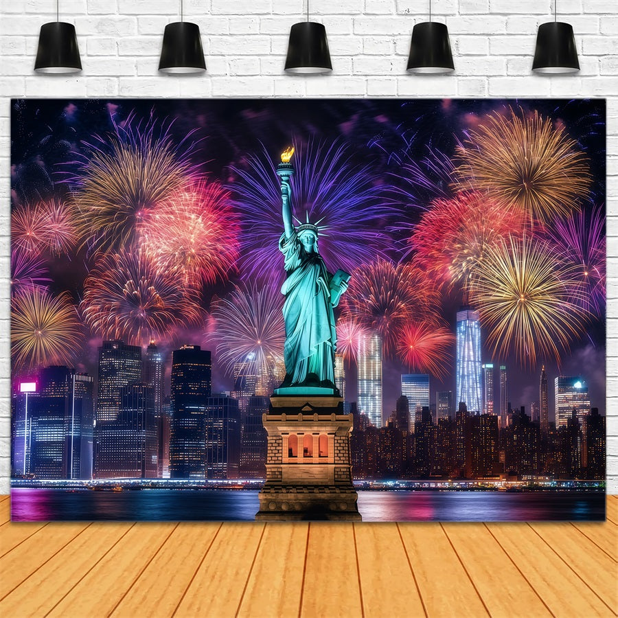 Happy New Year Backdrop Statue Liberty Night Cityscape Fireworks Backdrop UK LXX512-4