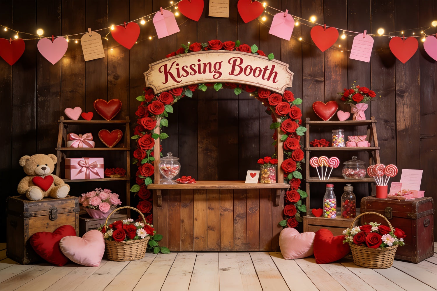 Heart Garland Backdrop Romantic Kissing Booth Roses Love Backdrops UK LXX512-47