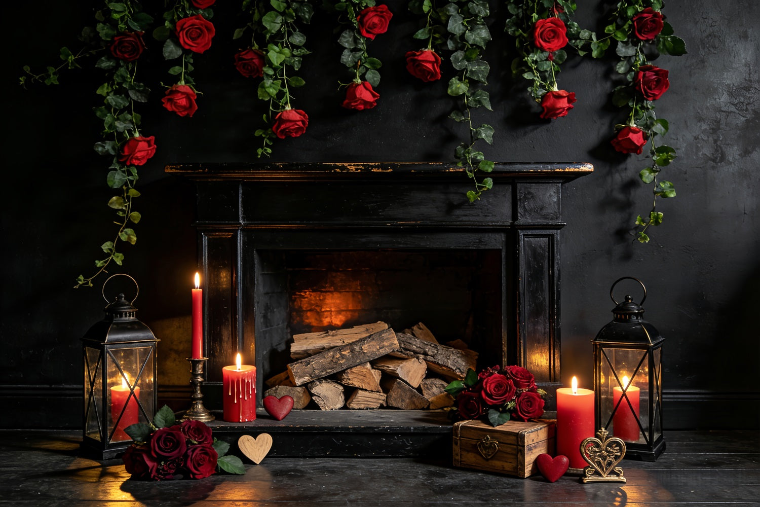 Valentine's Day Backdrop Red Roses Candle Room Fireplace Valentine Backdrop UK LXX512-48