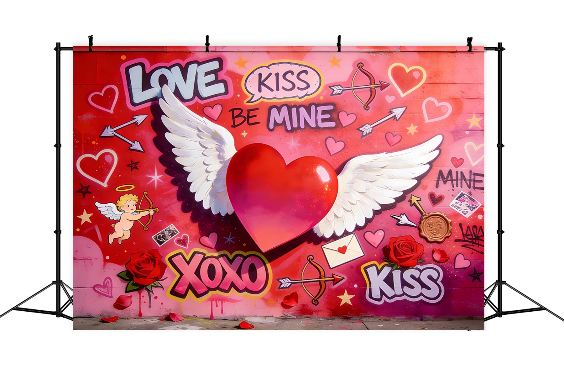 Cupid Backdrop Love XOXO Winged Heart Graffiti Wall Valentine Backdrop UK LXX512-50