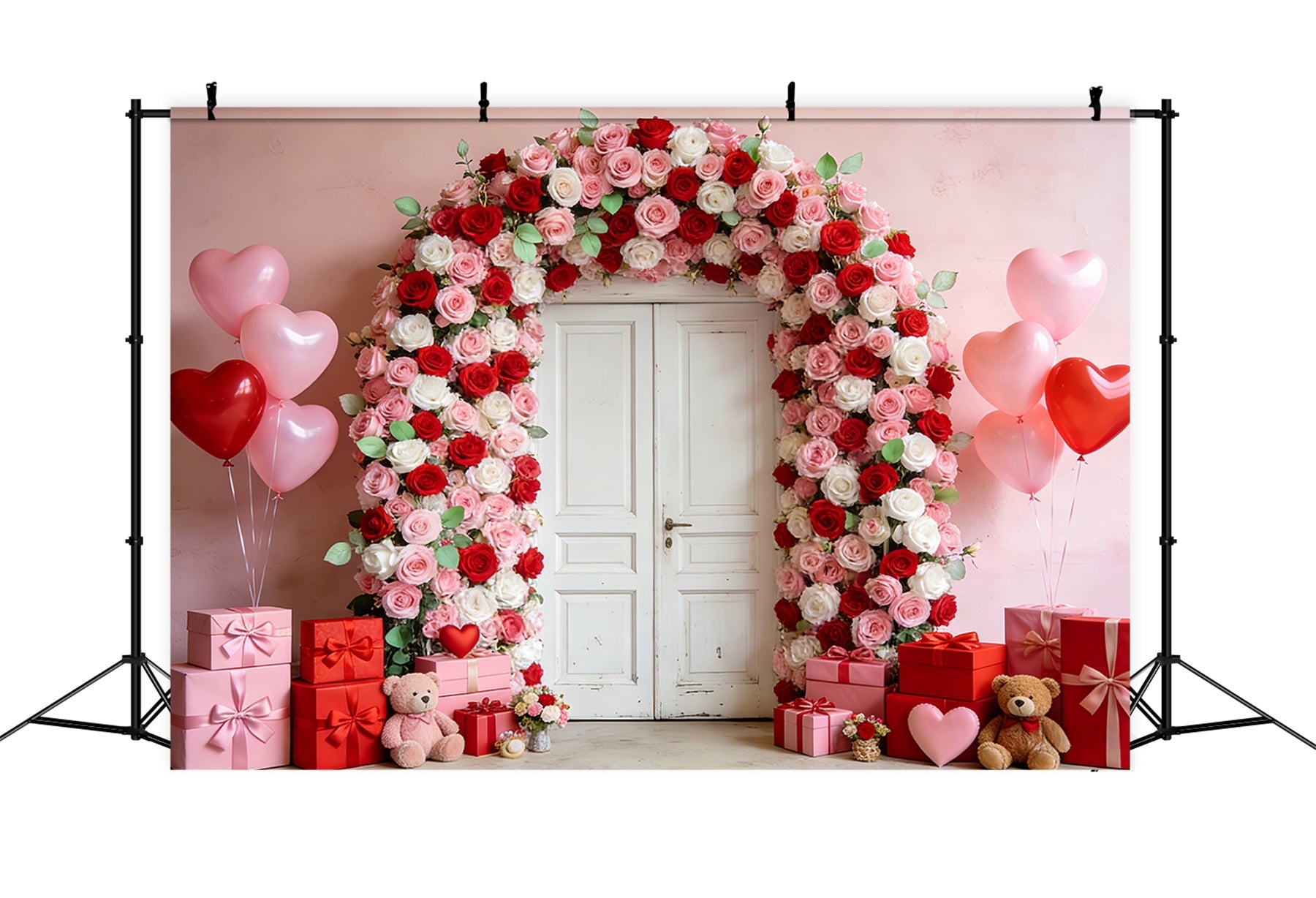 Floral Arch Valentine Backdrop Rose Door Wreath Gifts Heart Balloon Backdrop UK LXX512-53