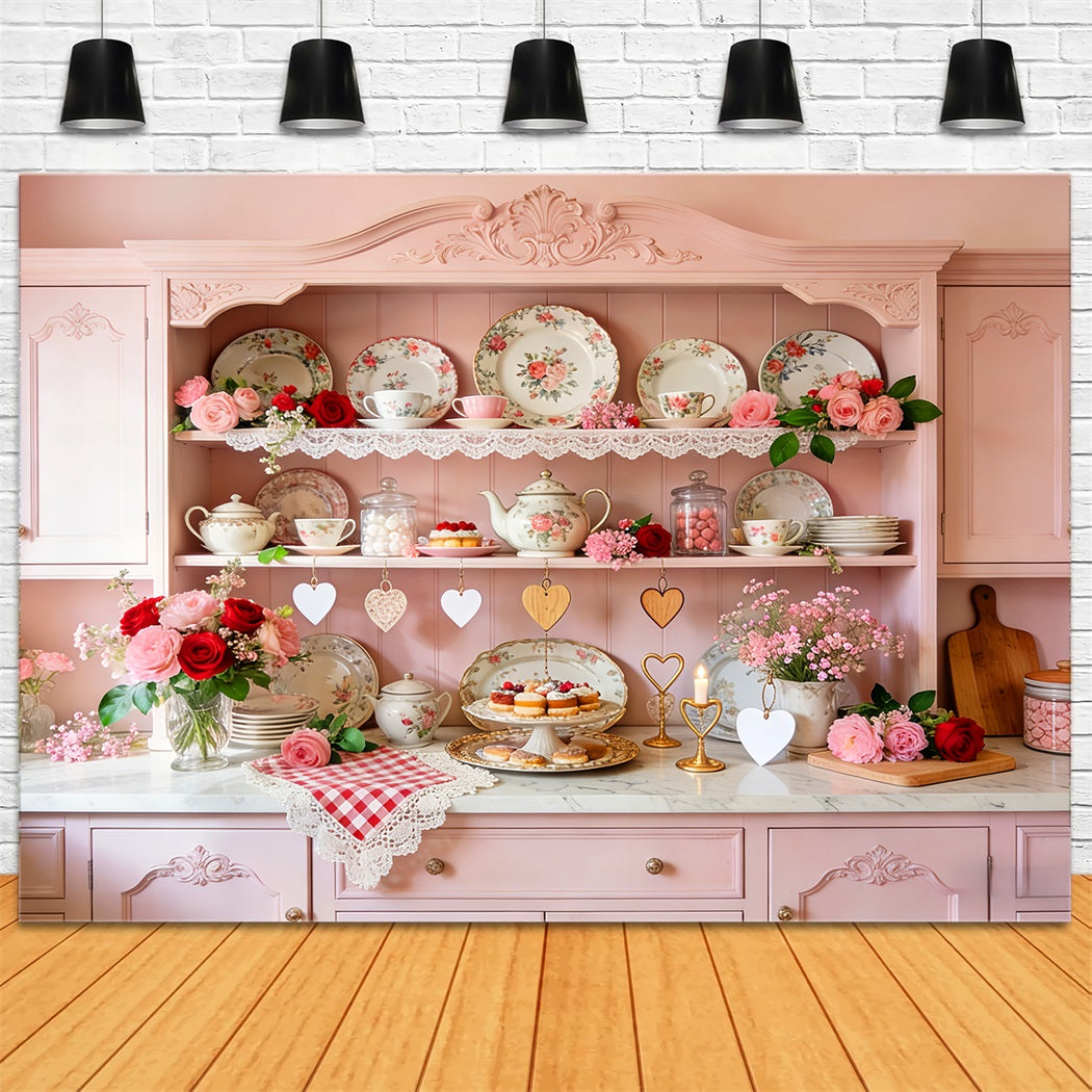 Pink Valentine Backdrop Vintage Kitchen Tea Cabinet Romantic Backdrop UK LXX512-55