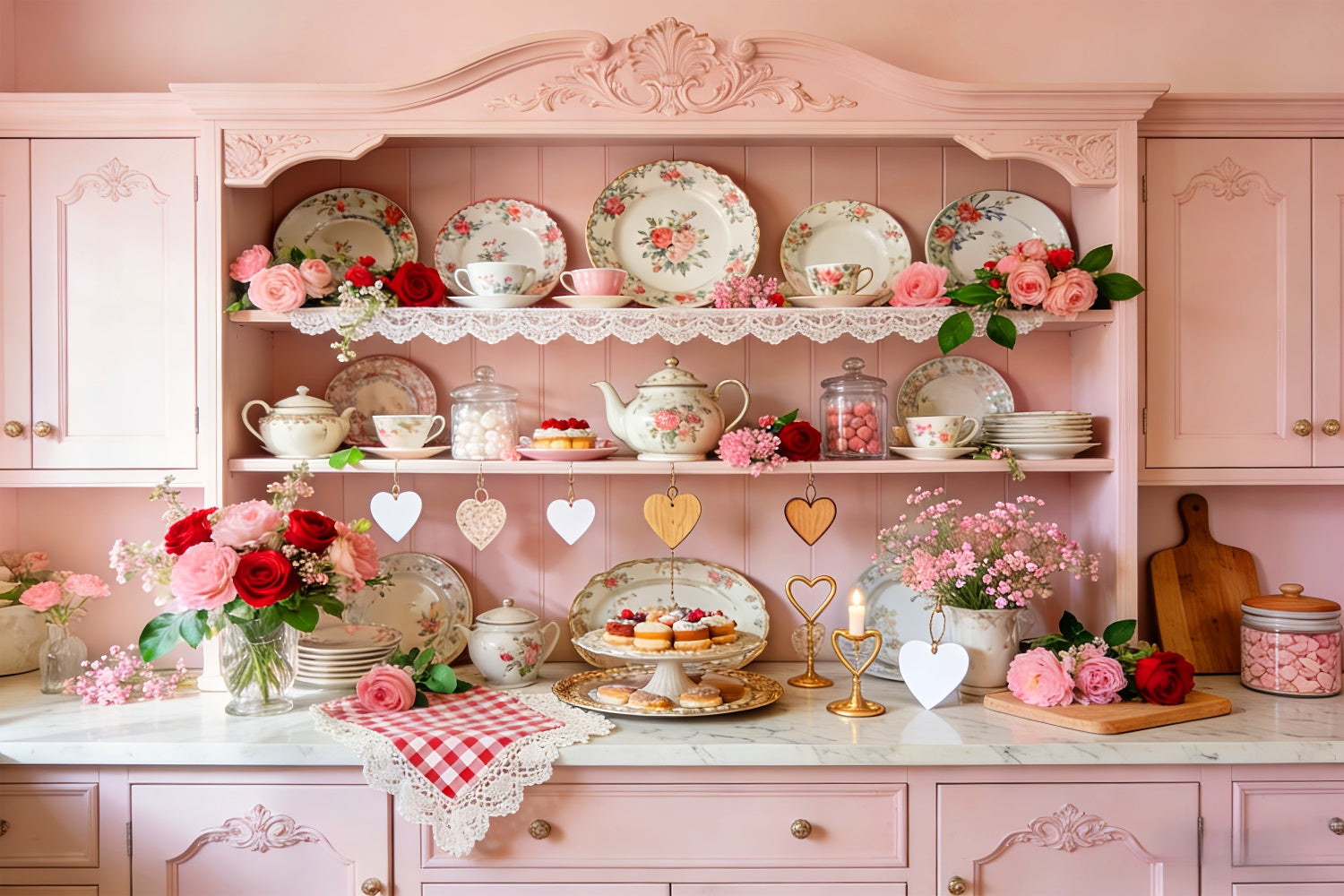 Pink Valentine Backdrop Vintage Kitchen Tea Cabinet Romantic Backdrop UK LXX512-55