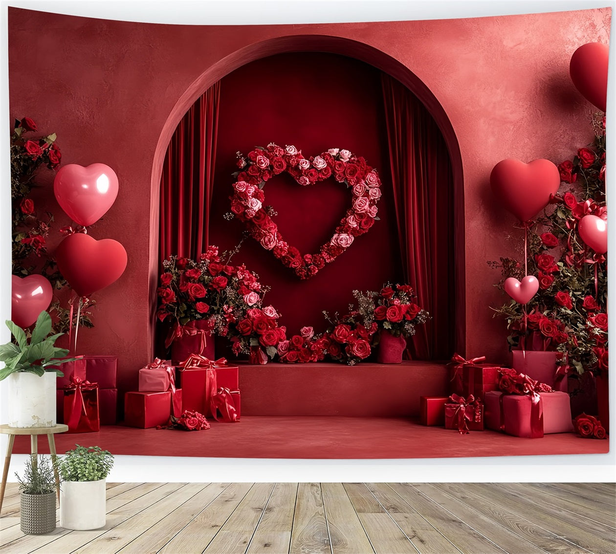 Red Roses Backdrop Love Heart Arch Alcove Heart Balloon Backdrop UK LXX512-59