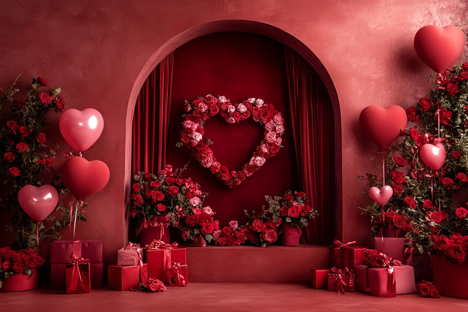 Red Roses Backdrop Love Heart Arch Alcove Heart Balloon Backdrop UK LXX512-59